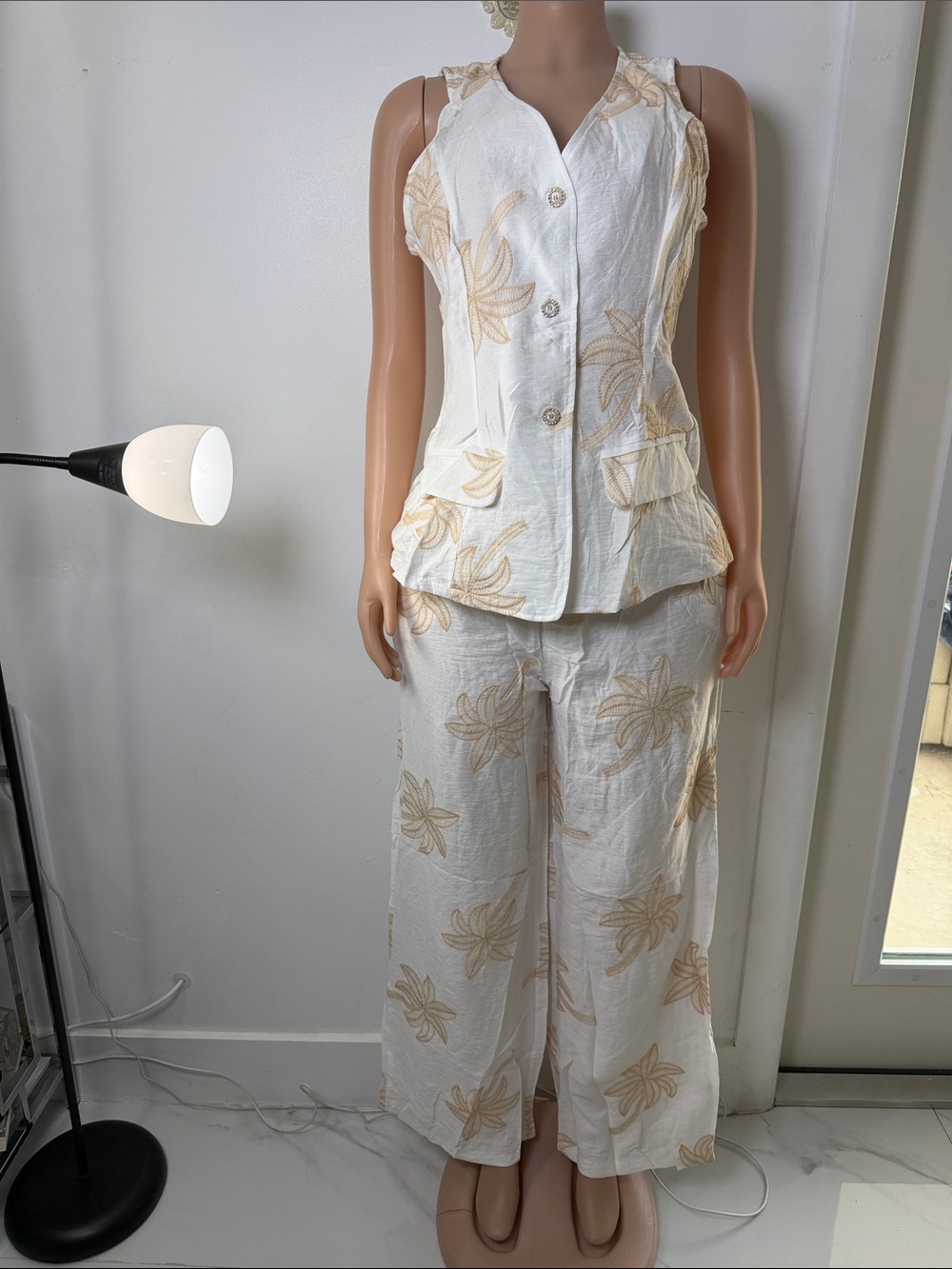 Sleeveless White & Beige Floral Linen Jumpsuit Set